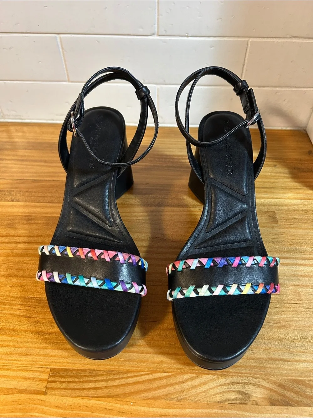 NWOB Karl Lagerfeld Black Platform Sandals with Rainbow Braided Straps Size 6.5M